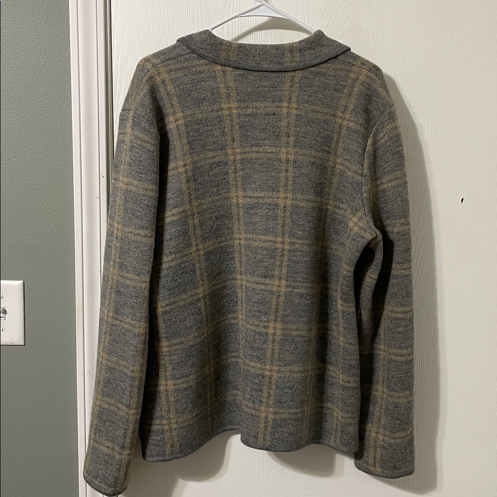 Rena Rowan Vintage 100% Wool Plaid Sweater Jacket Button Down Tan & Gray Large - Picture 8 of 9